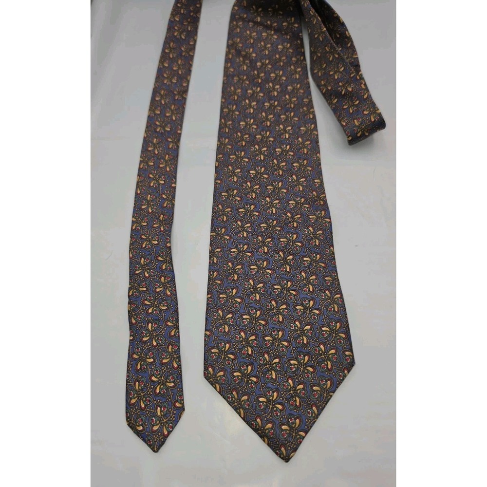Vintage Christian Dior Monsieur Blue Silk Tie Floral Clover Pattern Mens Necktie